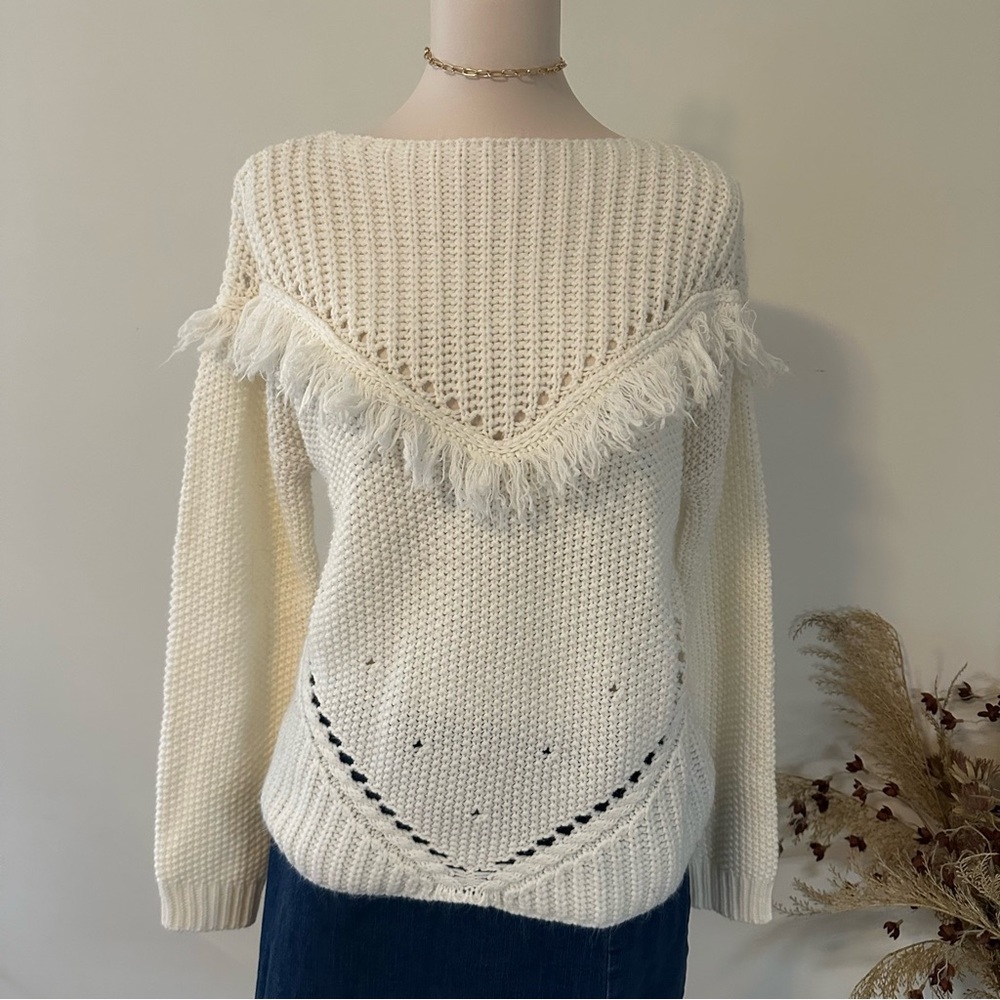 Newbury Kustom White Fringe Boho Knit Sweater - Tagged S (Fits L/XL)